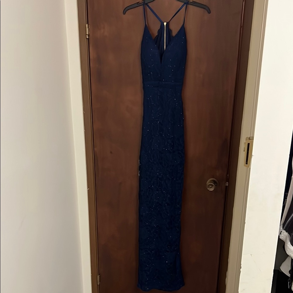 Le Chateau Glitter Navy High Slit Evening Gown